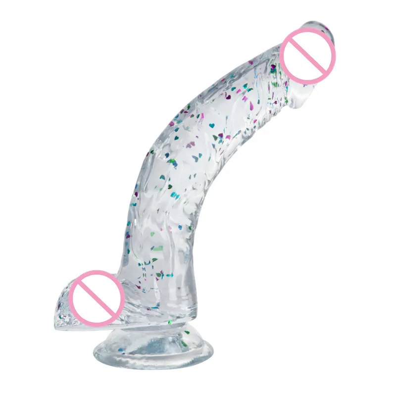 PRÓTESE PÊNIS COM ESCROTO E VENTOSA TRANSPARENTE COM BRILHO 22CM X 4CM