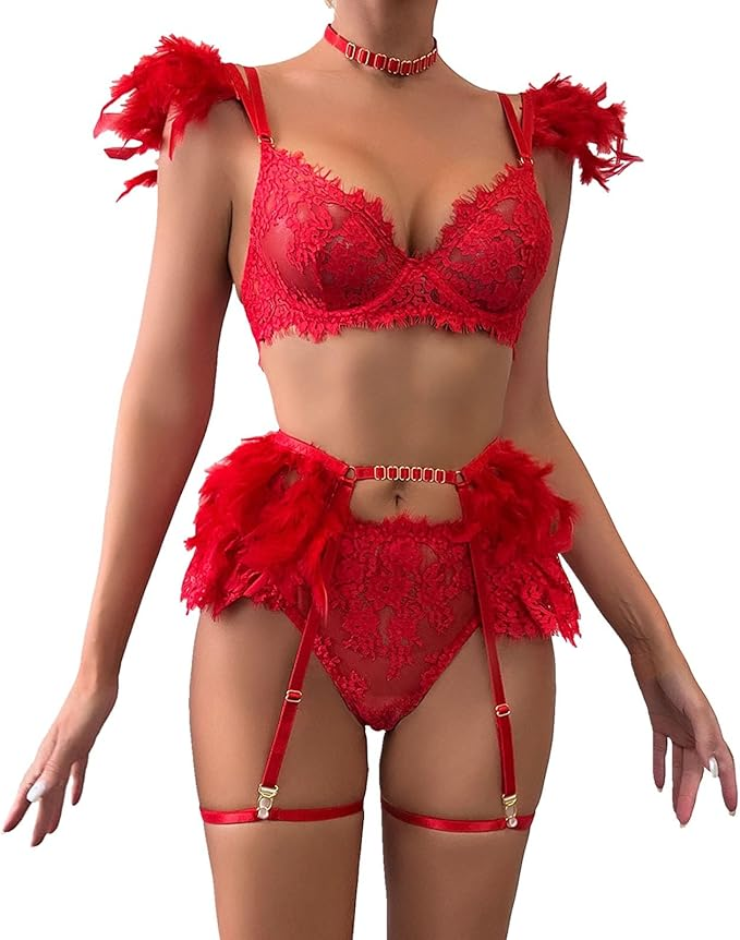 CONJUNTO DE LINGERIE SEX FIRE COM CINTA LIGA E PLUMAS - Imagem 2