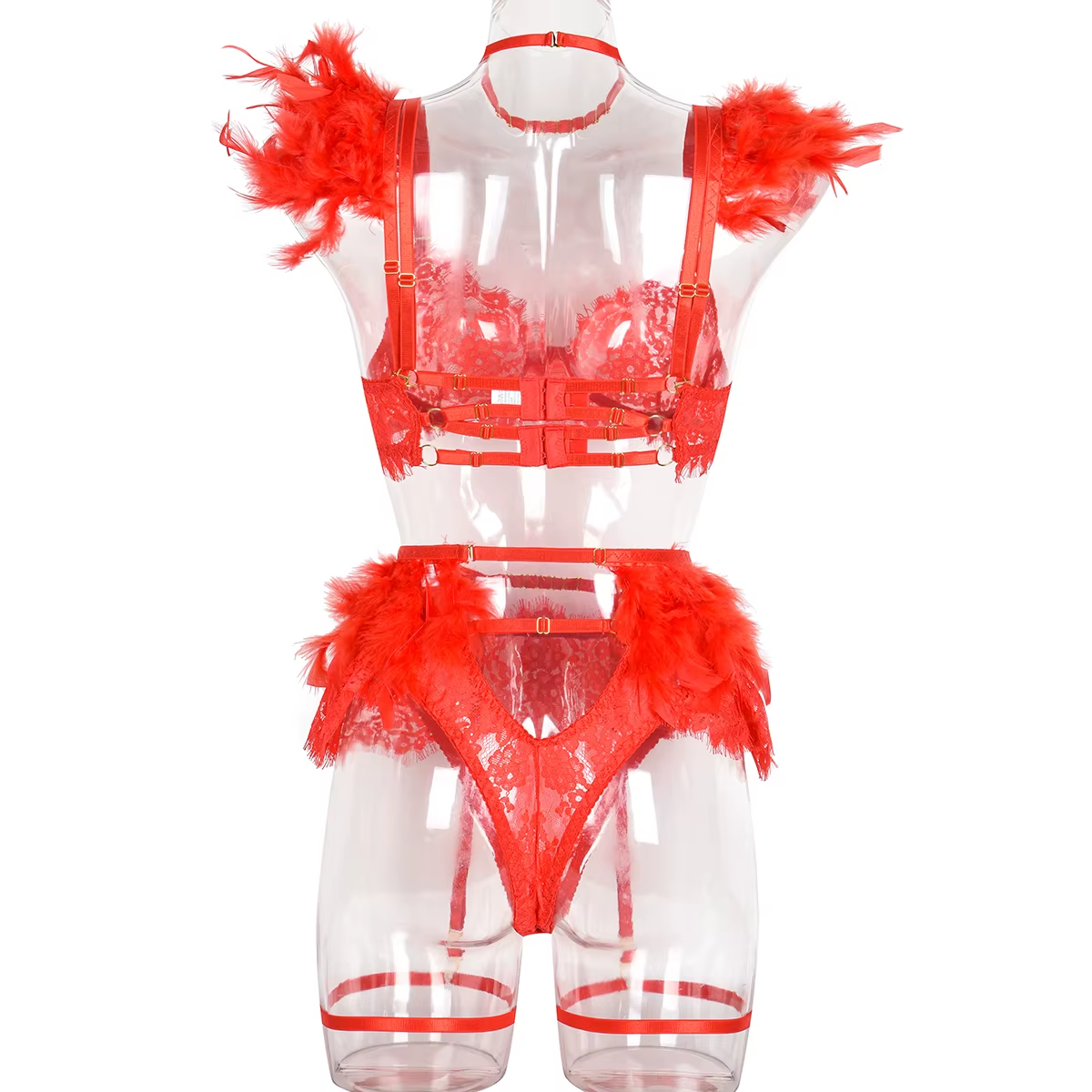 CONJUNTO DE LINGERIE SEX FIRE COM CINTA LIGA E PLUMAS - Imagem 6