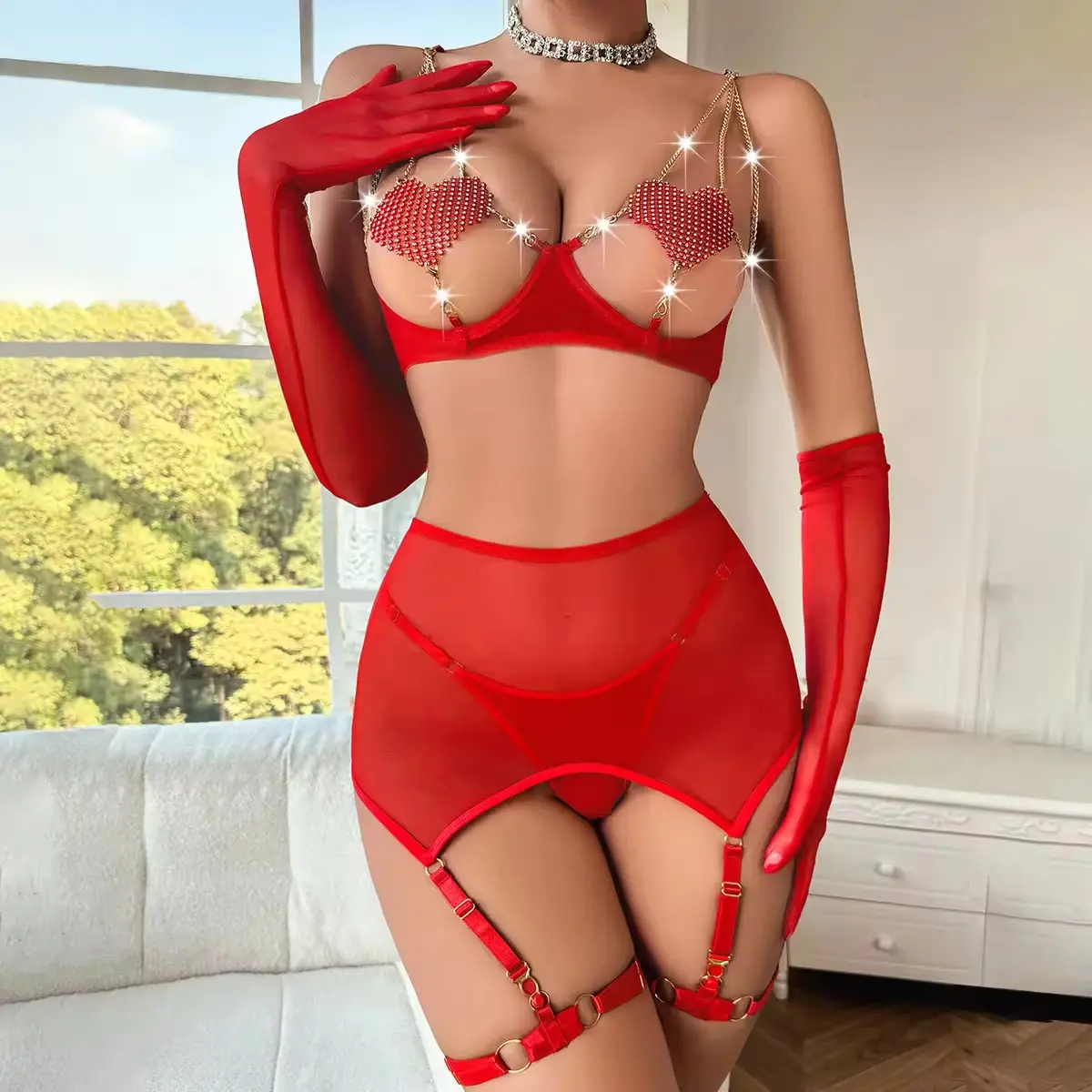 CONJUNTO DE LINGERIE LOVE ME RED ACOMPANHA LUVAS - Imagem 2