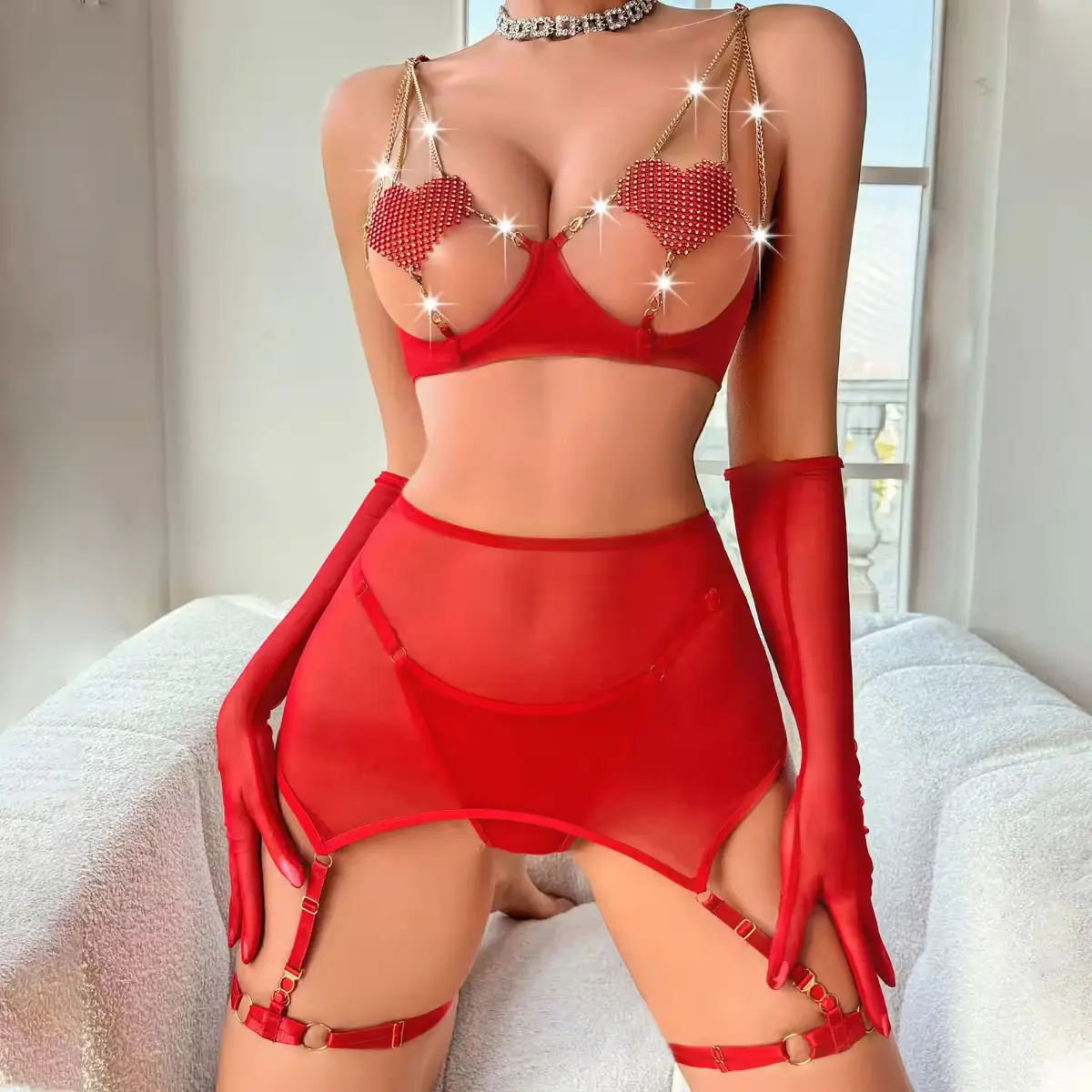 CONJUNTO DE LINGERIE LOVE ME RED ACOMPANHA LUVAS - Imagem 3